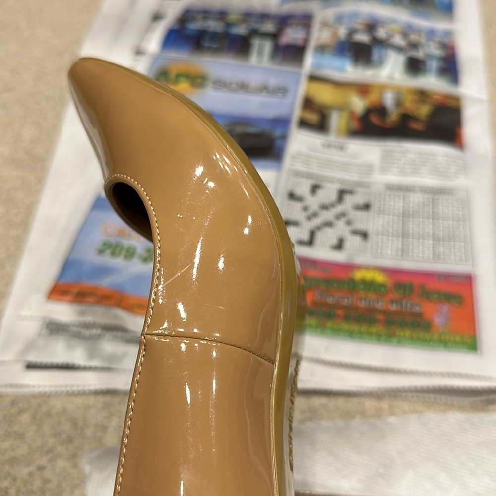 Calvin Klein Patent Pointed-Toe Kitten Heel Pumps in Nude - Picture 13 of 15